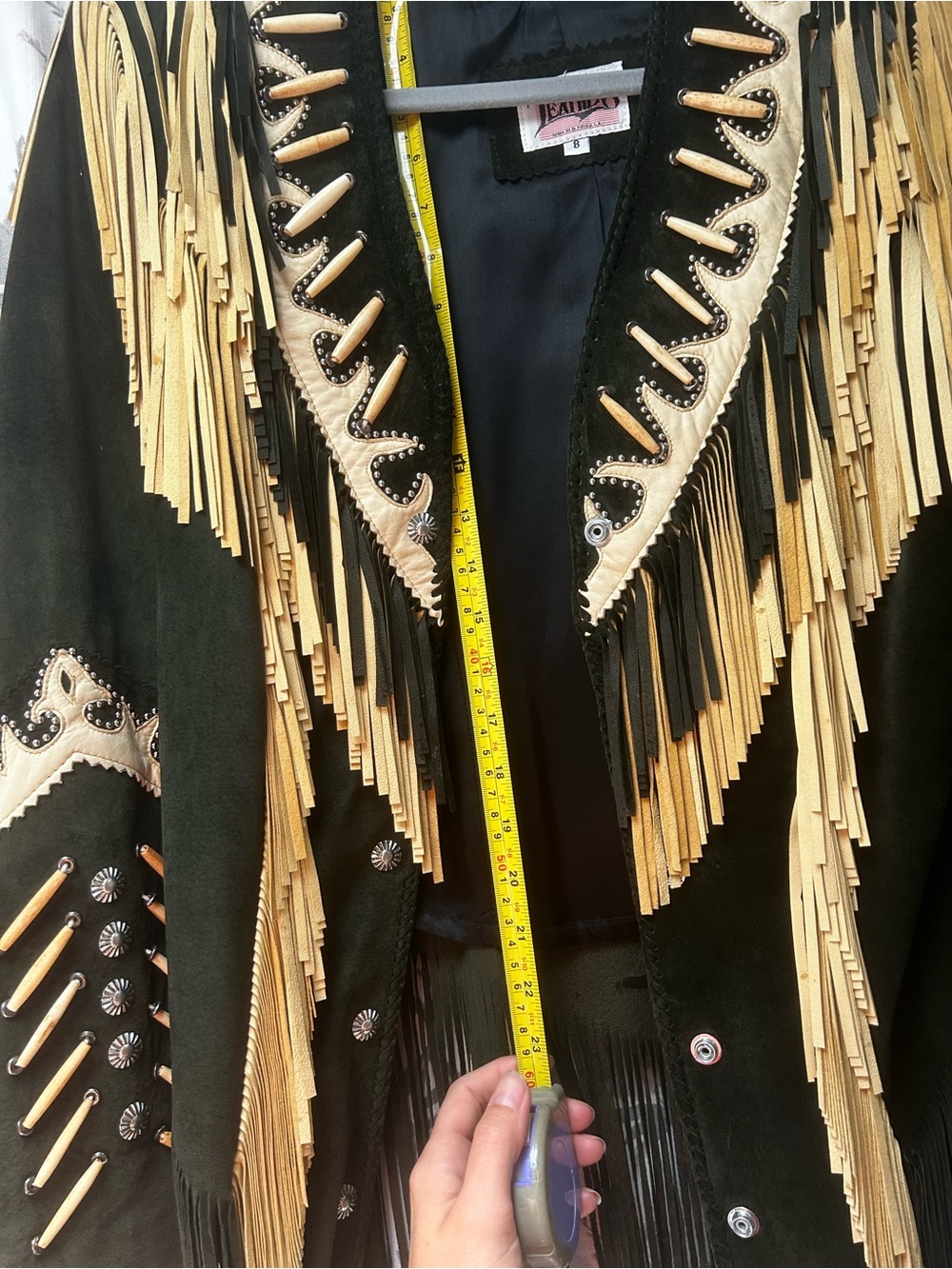 Black Suede Fringe Jacket with Tan Embellished Yoke - Picture 4 of 8